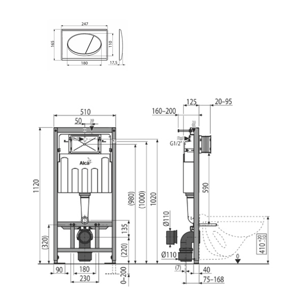 Инсталляция ALCAPLAST SET 3 в 1 АМ101/1120+М71 кнопка хром  