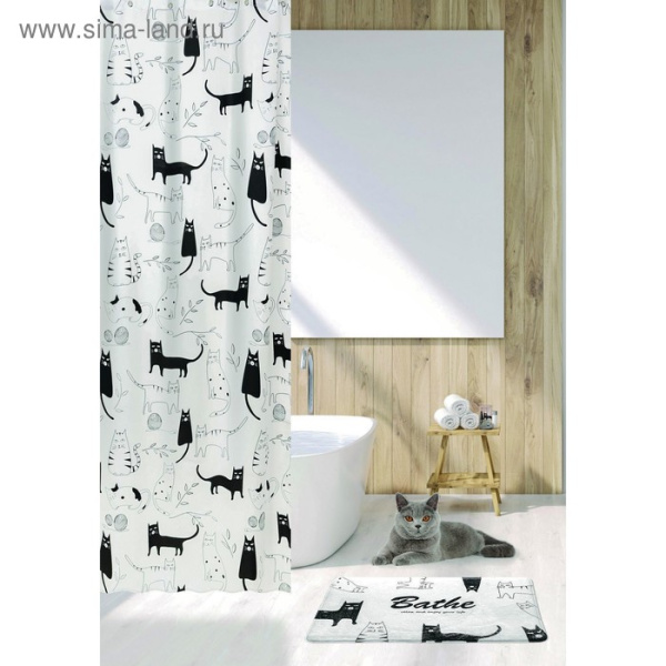 Штора для ванной 180*180  BATH Littele Black Cat бело-черн.